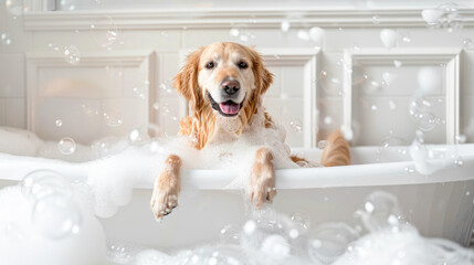 Bathing of the yellow labrador retriever. Happy dog taking a bubble bath with his paws up on the...