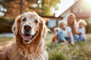 Dog with family in the yard near the house, happy home scene, children playing with pet