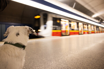 White dog on a leash in public transport