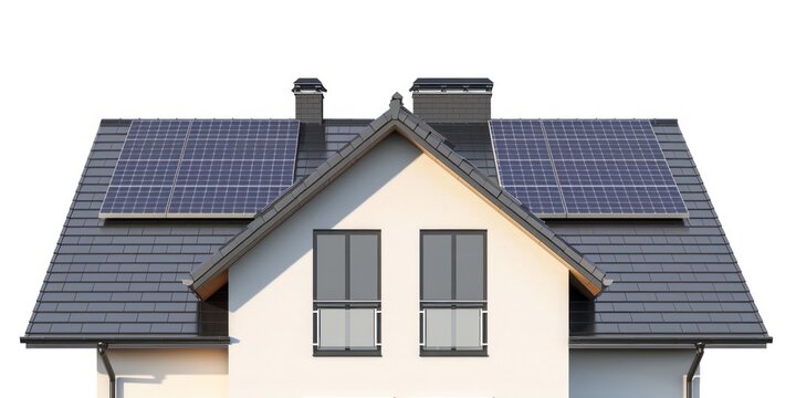  image of solar panel on top of a modern house with white background without