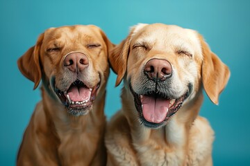 Banner two smiling dogs with happy expression. and closed eyes. Isolated on blue colored background.
