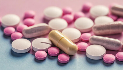 Obraz na płótnie Canvas Pink pills and capsule on pastel background. Pharmaceutical vitamin or drug. Medical care and treatment.