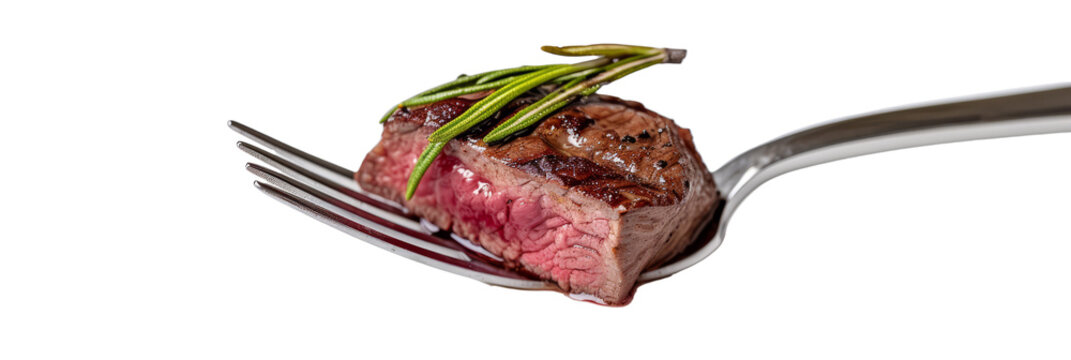 A fork holding a succulent tip of venison tenderloin, showcasing the lean and gamey meat.isolated on white background.
