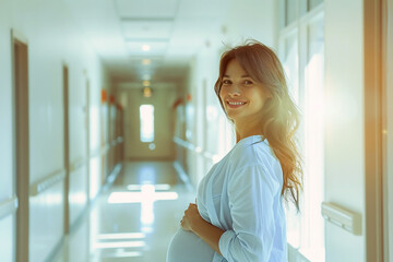 Obraz premium Expectant mother in hospital hallway, pregnancy monitoring, obstetrician's clinic.