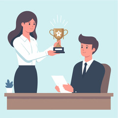 Flat design illustration of a business man getting a performance achievement appreciation trophy