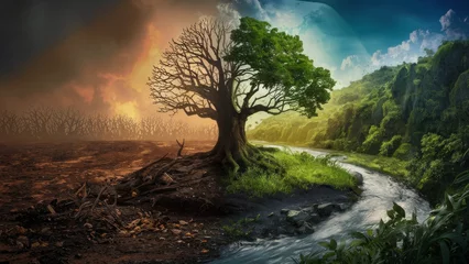 Poster Reflection Global warming's stark effects are reflected in barren lands versus thriving ecosystems. Generative AI