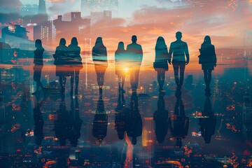 business successful people double exposure with highrise modern city office building business people standing together success agreement and working together  - obrazy, fototapety, plakaty
