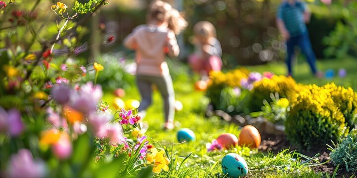  Generate an image depicting a colorful Easter egg hunt in a blooming garden with children searching for hidden eggs among flowers and bushes,
