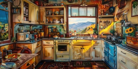 nostalgic bright interior of a kitchen in Hobart tasmania with view of mount wellington mythical, cooking wunderground in , stunningly beautiful - obrazy, fototapety, plakaty