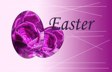 Easter greeting card with Easter eggs and flowers on a pink background