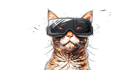 cat wearing VR glasses, showcasing its curiosity and interest in virtual gaming experiences. isolated on white background. - obrazy, fototapety, plakaty