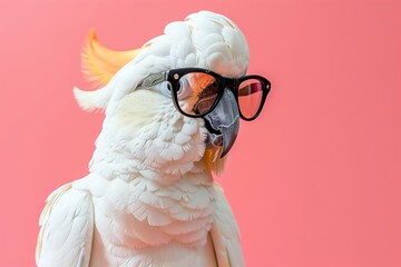 closeup of white cockatoo parrot wearing sunglasses domestic pet bird animal solid pink pastel background tropical summer vacation concept web banner funny birthday party card invitation  - Powered by Adobe