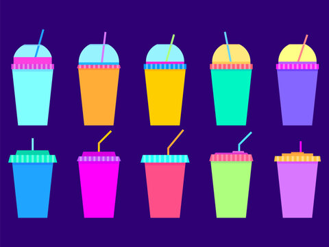 Set of icons of multi-colored plastic and paper cups with straws. Plastic cups for carbonated drinks. Smoothie glass with straw. Fizzy soft drinks. Design for banner. Vector illustration