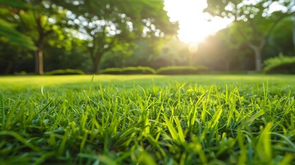 beautiful morning light in public park with green grass field and green fresh tree plant perspective to copy space for multipurpose