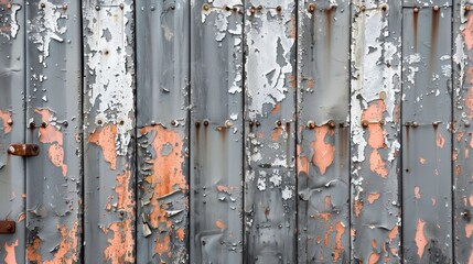 A weathered metal wall with peeling paint