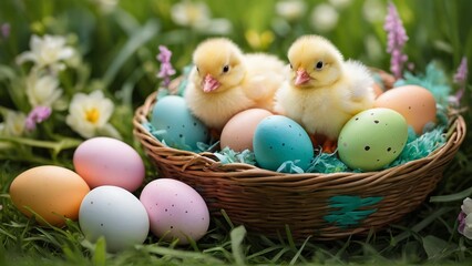 Fototapeta na wymiar A vibrant Easter basket overflowing with pastel-colored eggs, fluffy chicks, and blooming flowers, all nestled in a bed of green grass.