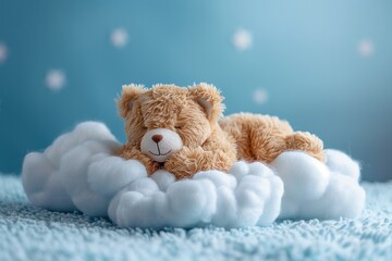 Cute baby teddy bear sleeping on the cloud