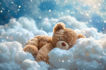 Cute baby teddy bear sleeping on the cloud