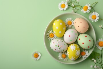 Happy Easter, green background with colored eggs and flowers. Generative AI
