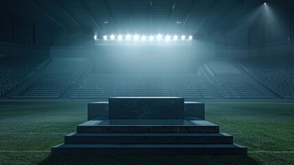 podium in the center of a stadium, surrounded by rows of empty seats and light flashes. The podium is simple and perfect to show your product - generative ai