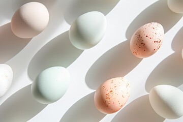 Happy Easter. Natural white and beige eggs on a white background with contrasting shadows. Generative AI