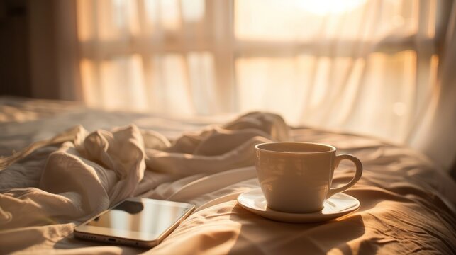 Cup of coffe or tea with phone on the home bedroom wood table in sunset time with soft light