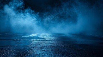 Dark street, wet asphalt, reflections of rays in the water. Abstract dark blue background, smoke, smog. Empty dark scene,
