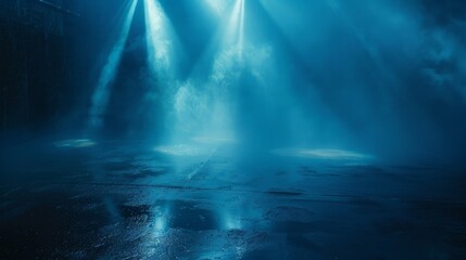 Dark street, wet asphalt, reflections of rays in the water. Abstract dark blue background, smoke, smog.