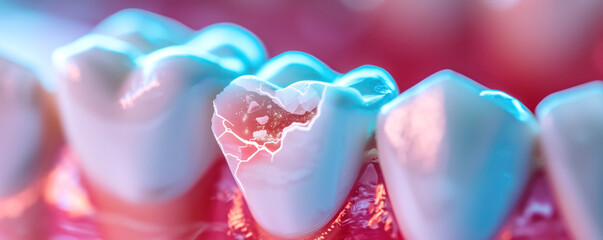 Close-up isolated view of gum with unhealthy teeth with caries. Health care and dental oral hygiene concept. - obrazy, fototapety, plakaty