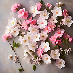 A background of gorgeous spring sacura (Japan cherry) flowers on a wooden macro table - 755694663