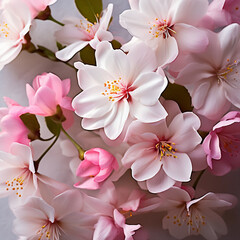 A background of gorgeous spring sacura (Japan cherry) flowers on a wooden macro table - 755694665