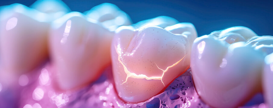 Close-up isolated view of gum with unhealthy teeth with caries. Health care and dental oral hygiene concept.