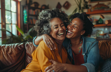 Photo of a happy senior mother and adult daughter hugging and laughing as they have fun at home on the couch
