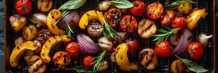 A rustic picnic spread with various grilled vegetables on a wooden table. - obrazy, fototapety, plakaty