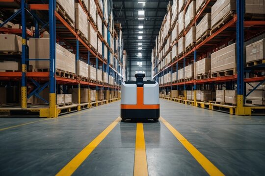 Automated guided vehicle in warehouse logistic and transport. AGV. Generative Ai