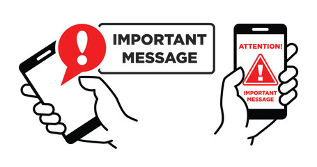 Notification with exclamation sign on the smartphone screen. Important message or reminder. Vector on transparent background