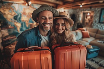 Fototapeta na wymiar Happy cheerful smiling loving married couple with packed up suitcases ready for summer holiday standing together in living room at home. Traveling, vacation concept