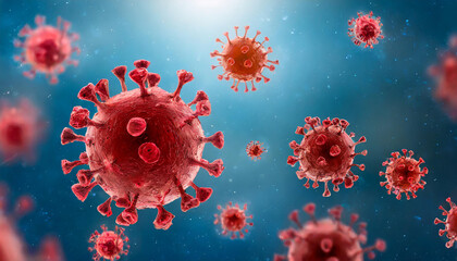 Fototapeta na wymiar Red viruses floating on blue background. Medical research. Scientific banner.