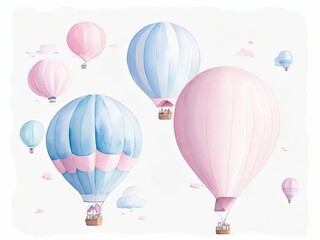 Watercolor Hot Air Balloons in Pastel Sky