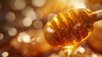 
An extreme close-up captures golden honey drizzling off a wooden dipper, highlighted by a warm, bokeh light background.
