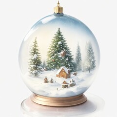 Snow-covered Christmas ball ornament resting on a snowy surface beside a festive Christmas tree Watercolor illustration isolated on white background. Generative AI.