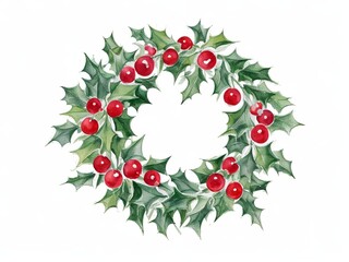 Watercolor Christmas wreath of holly with red berries. Green leaf Merry Christmas. New Year holiday celebration in December. Watercolor illustration isolated on white background. Generative AI.