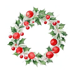 Watercolor Christmas wreath of holly with red berries. Green leaf Merry Christmas. New Year holiday celebration in December. Watercolor illustration isolated on white background. Generative AI.