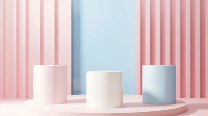 Set of beige, blue, pink and white realistic 3d cylinder pedestal podium in pastel colorful abstract rooms.