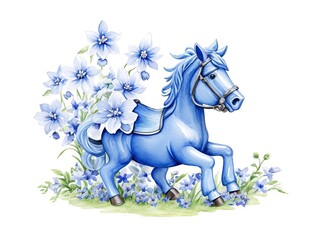 rompt details
Watercolor Rocking Horse Baby Toy with blue Bellflowers.Watercolor illustration isolated on white background 