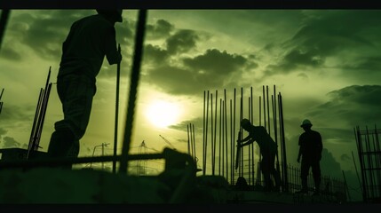 Fototapeta premium silhouette Construction workers preparation for binding rebar and concrete work and the environment around the work site over Blurred worker on construction site