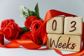 3 week gestational age milestone written on a wooden cube with red roses and ribbons, and a white...