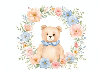 Watercolor Floral frame with Taddy bear.Watercolor illustration isolated on white background. Generative AI.