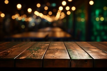 Empty wooden tabletop, against a blurred bar background with green bokeh lights, st. patrick's day