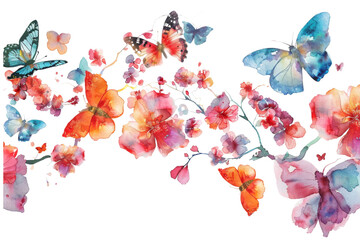 A painting of flowers and butterflies against a transparent background.